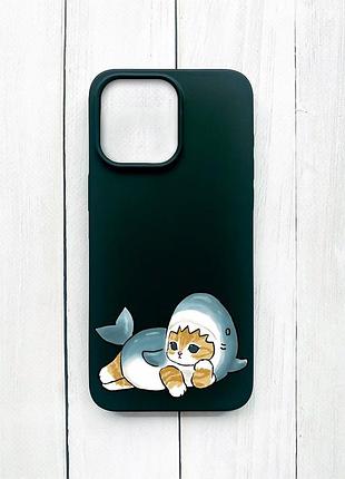 Матовий чохол на iphone 15 pro max чорний котик акула (принт 355)
