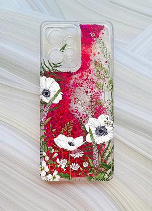 Чехол с плавающими блестками на xiaomi redmi note 12 4g розовый :: цветы полевые (принт 363)