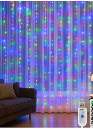 Гірлянда штора крапля роси 3×3 м, 300 led, rgb мульти світіння, з пультом керування та usb живленням