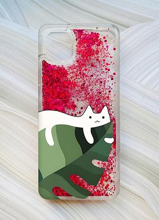 Чехол с плавающими блестками на samsung galaxy a04 розовый :: кот на листе (принт 367)