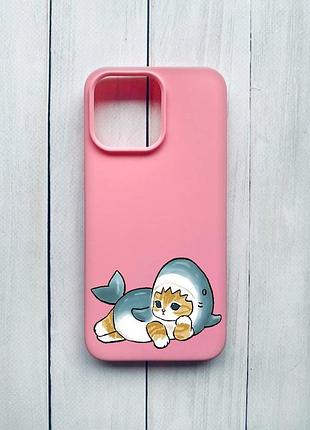 Матовий чохол на iphone 15 pro max рожевий :: котик акула (принт 355)