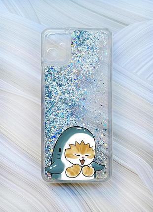 Чохол з плаваючими блискітками на samsung galaxy a05 (a055) сріблястий :: котик акула (принт 376)