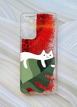Чехол с плавающими блестками на samsung a15 (a155) / m15 красный :: кот на листе (принт 367)