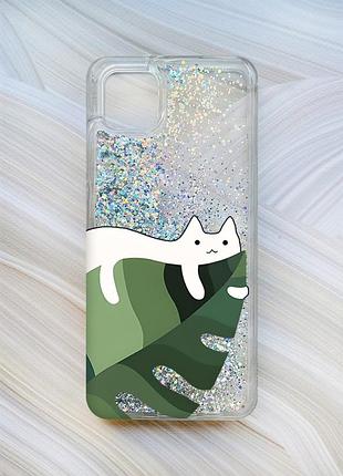 Чехол с плавающими блестками на samsung galaxy a04 серебристый :: кот на листе (принт 367)