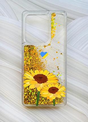 Чехол с плавающими блестками на xiaomi redmi note 13 4g золотой :: желтые цветы (принт 364)