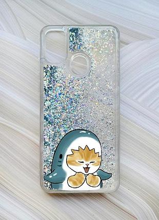 Чехол с плавающими блестками на samsung galaxy m30s/m21 серебристый :: котёнок акула (принт 376)