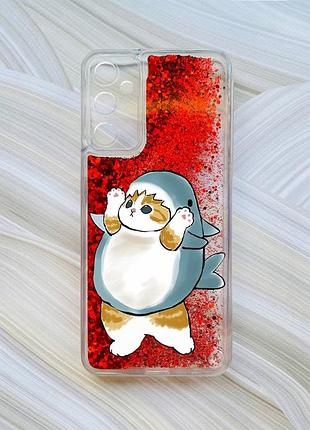 Чехол с плавающими блестками на samsung a15 (a155) / m15 красный :: котенок акула (принт 379)