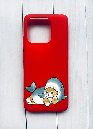 Матовый чехол на xiaomi redmi 12c красный :: котенок акула (принт 355)