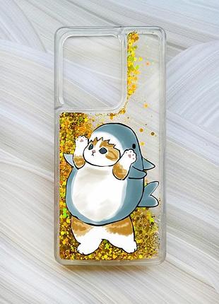 Чехол с плавающими блестками на xiaomi redmi note 13 4g золотой :: котенок акула (принт 379)