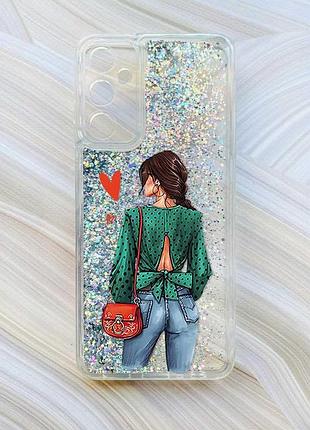 Чехол с плавающими блестками на samsung galaxy a55 (a556) серебристый :: девушка в зеленом (принт 224)