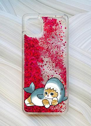 Чехол с плавающими блестками на samsung galaxy a04 розовый :: котенок акула (принт 355)