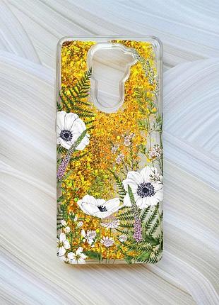 Чохол з плаваючими блискітками на xiaomi redmi note 9/10x золотий :: квіти польові (принт 363)