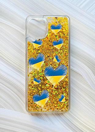 Чехол с плавающими блестками на samsung galaxy a22 4g/m22/m32 золотой :: сердечка. украина (принт 258)