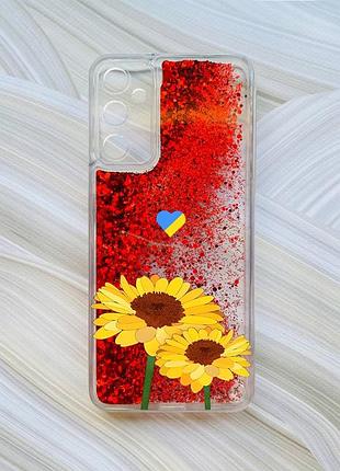Чехол с плавающими блестками на samsung a15 (a155) / m15 красный :: желтые цветы (принт 364)
