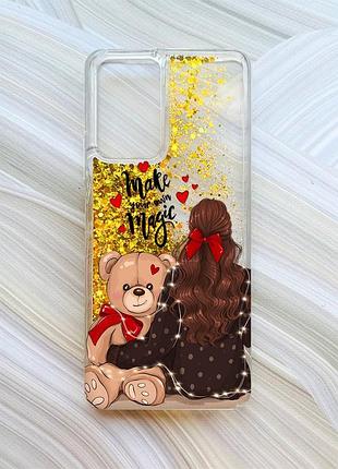 Чехол с плавающими блестками на xiaomi redmi note 10 pro/10 pro max золотой девушка с мишкой (принт 188)