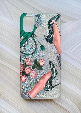 Чехол с плавающими блестками на samsung galaxy m30s/m21 серебристый туфельки и цветы (принт 225)