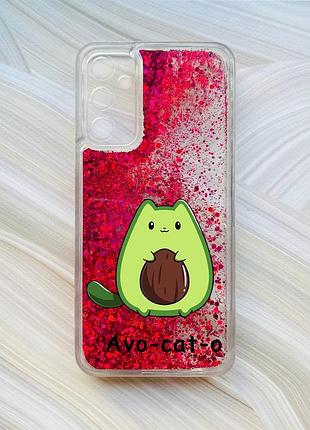 Чехол с плавающими блестками на samsung galaxy a24 (a245) розовый котик авокадо (принт 306)