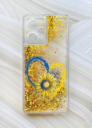 Чехол с плавающими блестками на xiaomi redmi note 12 pro plus золотой :: сердце и подсолнух (принт 260)