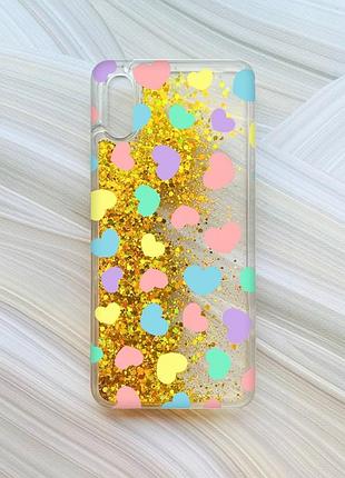 Чехол с плавающими блестками на xiaomi redmi 9a золотой :: сердечка (принт 335)