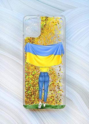 Чехол с плавающими блестками на samsung galaxy a05 (a055) золотой девушка с флагом (принт 263)