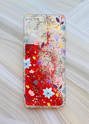 Чехол с плавающими блестками на xiaomi redmi note 12 4g красный цветочный фон (принт 267)