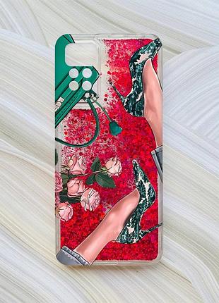 Чехол с плавающими блестками на xiaomi redmi note 11 pro розовый туфельки и цветы (принт 225)