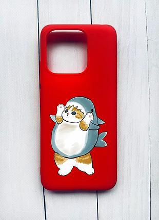 Матовий чохол на xiaomi redmi 12c червоний :: котик акула (принт 379)