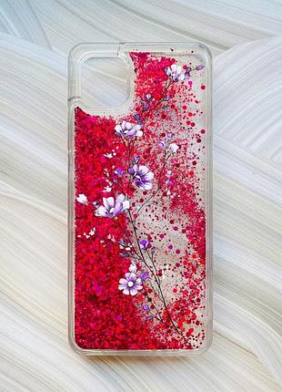 Чехол с плавающими блестками на samsung galaxy a04 розовый веточка цветов (принт 278)
