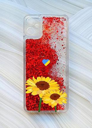 Чехол с плавающими блестками на samsung galaxy a05 (a055) красный :: желтые цветы (принт 364)