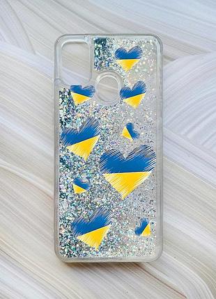 Чехол с плавающими блестками на samsung galaxy m30s/m21 серебристый :: сердечка. украина (принт 258)