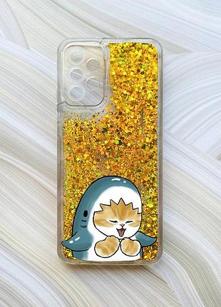 Чохол з плаваючими блискітками на samsung galaxy a23 золото :: котик акула (принт 376)