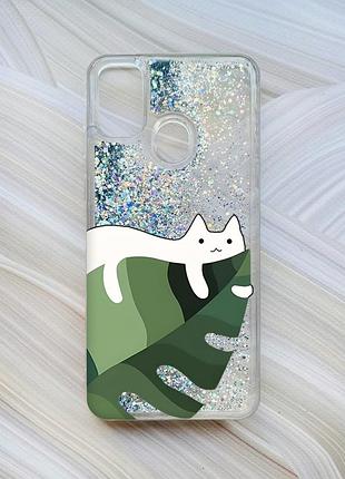 Чехол с плавающими блестками на samsung galaxy m30s/m21 серебристый :: кот на листе (принт 367)