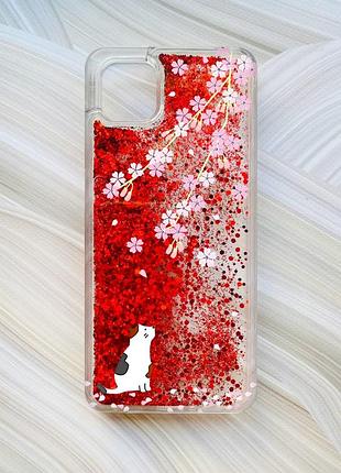 Чехол с плавающими блестками на samsung galaxy a04 красный котик и сакура (принт 283)