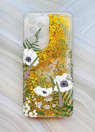 Чехол с плавающими блестками на samsung galaxy a53 4g/a53 5g золотой :: цветы полевые (принт 363)