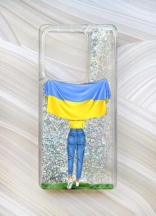 Чохол з плаваючими блискітками на xiaomi redmi 13c / poco c65 сріблястий дівчина з прапором (принт 263)
