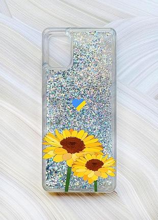 Чехол с плавающими блестками на samsung galaxy a31 серебристый :: желтые цветы (принт 364)