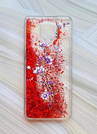 Чохол з плаваючими блискітками на xiaomi redmi note 9 pro/9 pro max/9s червоний гілочка квітів (принт 278)