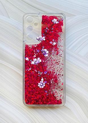 Чехол с плавающими блестками на samsung galaxy a25 (a256) розовый веточка цветов (принт 278)