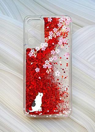 Чехол с плавающими блестками на samsung galaxy a24 (a245) красный котик и сакура (принт 283)