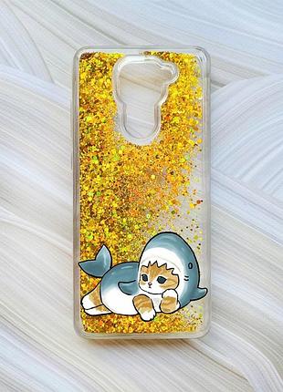 Чехол с плавающими блестками на xiaomi redmi note 9/10x золотой :: котенок акула (принт 355)