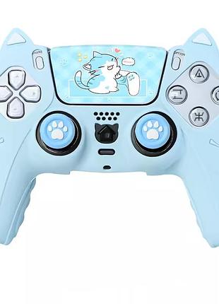 Силиконовый чехол с накладками и наклейкой для геймпада ps5 dualsense «cat blue» с ушками