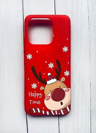 Матовый чехол на xiaomi redmi 12c красный зимний оленёнок (принт 155)