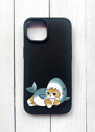 Матовий чохол на iphone 15 чорний :: котик акула (принт 355)