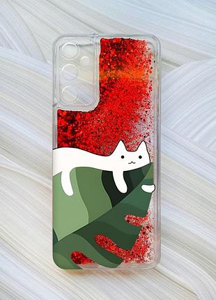 Чехол с плавающими блестками на samsung galaxy a05s (a057) красный :: кот на листе (принт 367)