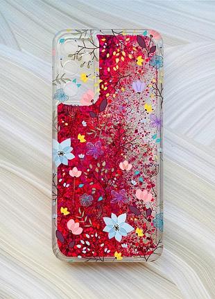 Чехол с плавающими блестками на samsung galaxy a24 (a245) розовый цветочный фон (принт 267)