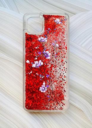 Чехол с плавающими блестками на samsung galaxy a04 красный веточка цветов (принт 278)