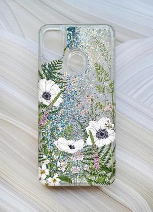 Чехол с плавающими блестками на samsung galaxy m30s/m21 серебристый :: цветы полевые (принт 363)