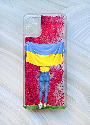 Чехол с плавающими блестками на samsung galaxy a05 (a055) розовый девушка с флагом (принт 263)