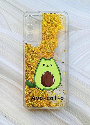 Чехол с плавающими блестками на samsung galaxy a25 (a256) золотой котик авокадо (принт 306)