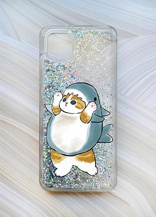 Чехол с плавающими блестками на samsung galaxy a04 серебристый :: котенок акула (принт 379)